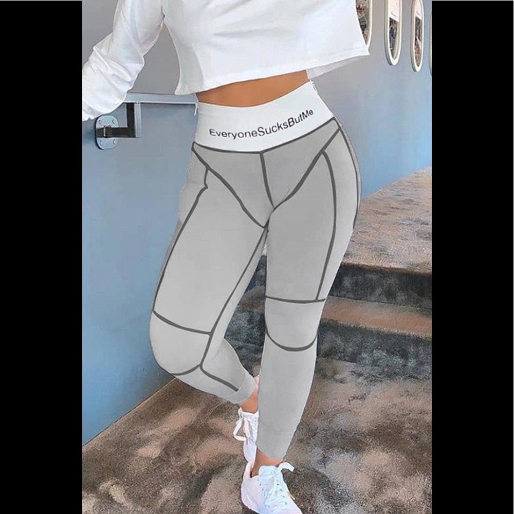 EVERYBODY SUCKS BUT ME’ High-Waist Skinny Fit GreyW/ Black Writing Leggings
